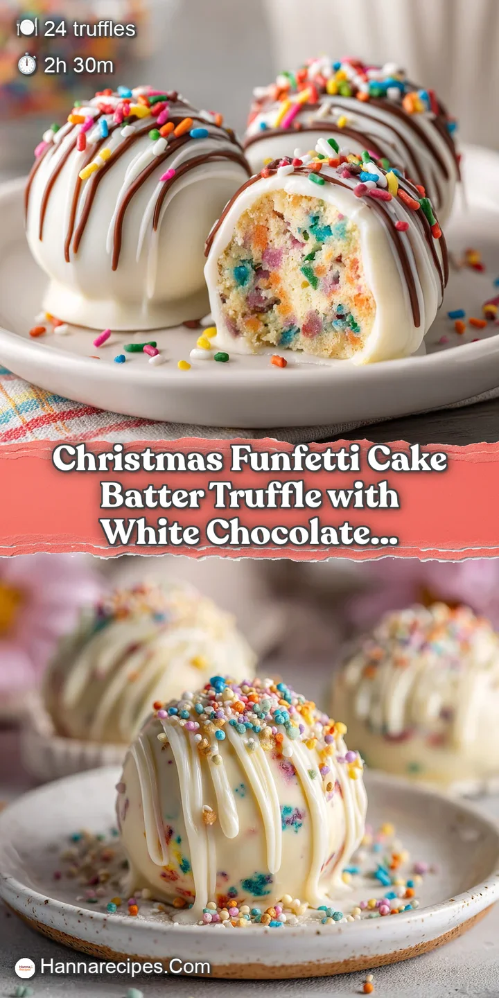 Close-up of a white chocolate coated truffle revealing vibrant rainbow sprinkles within its soft, cakey center.