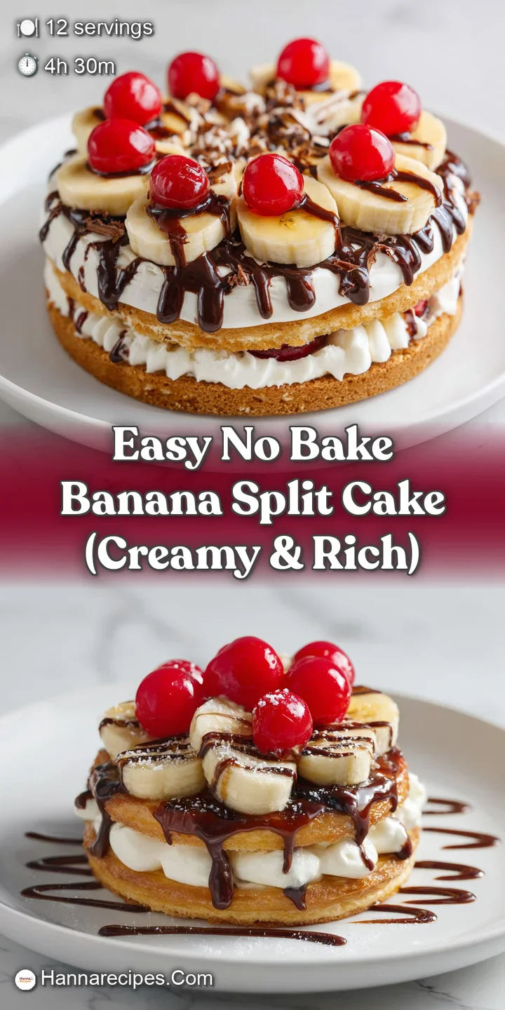 Close-up of creamy white frosting, golden banana slices, and rich chocolate drizzle with a vibrant red cherry.