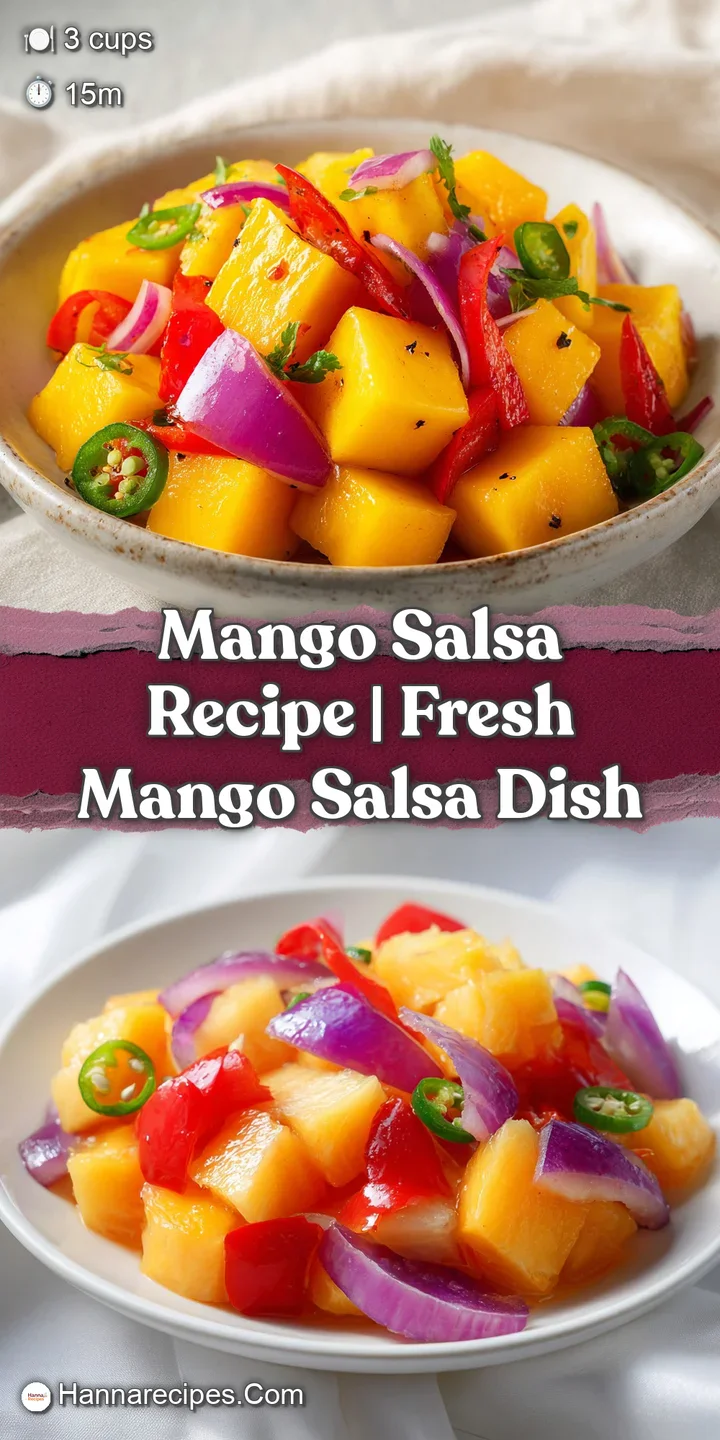 Macro shot of juicy yellow mango chunks and red pepper with a glistening lime glaze and fresh green cilantro.