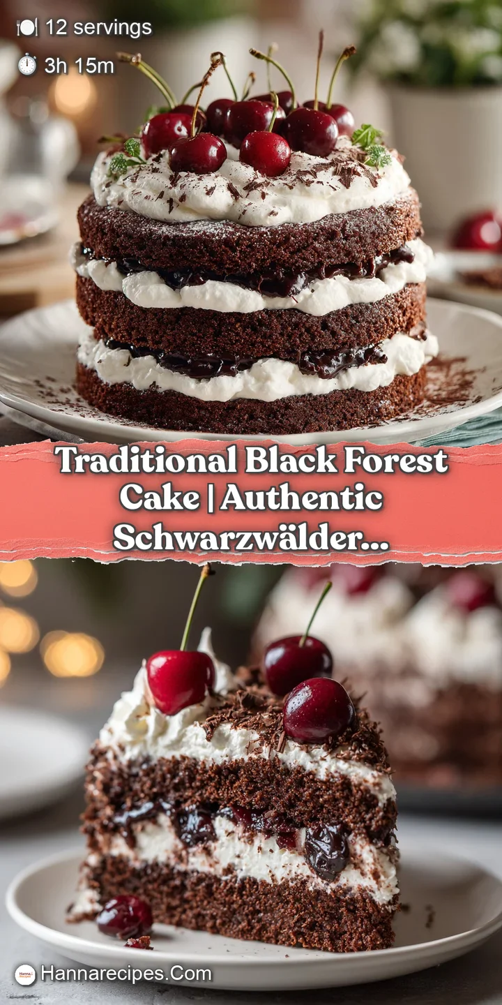 Close-up of moist chocolate cake generously filled with whipped cream and tart, ruby-red cherries.