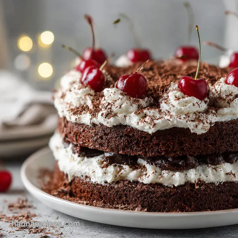 A slice of rich chocolate cake with creamy white frosting, adorned with dark cherries and chocolate shavings.