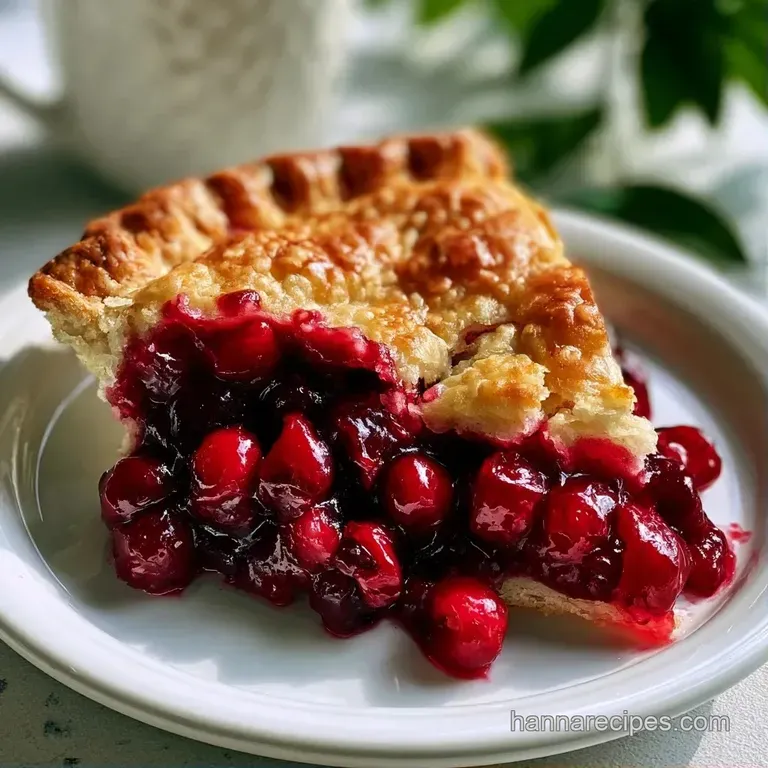 Elegant slice of warm cherry pie served with a melting scoop of vanilla ice cream on a minimalist white plate.