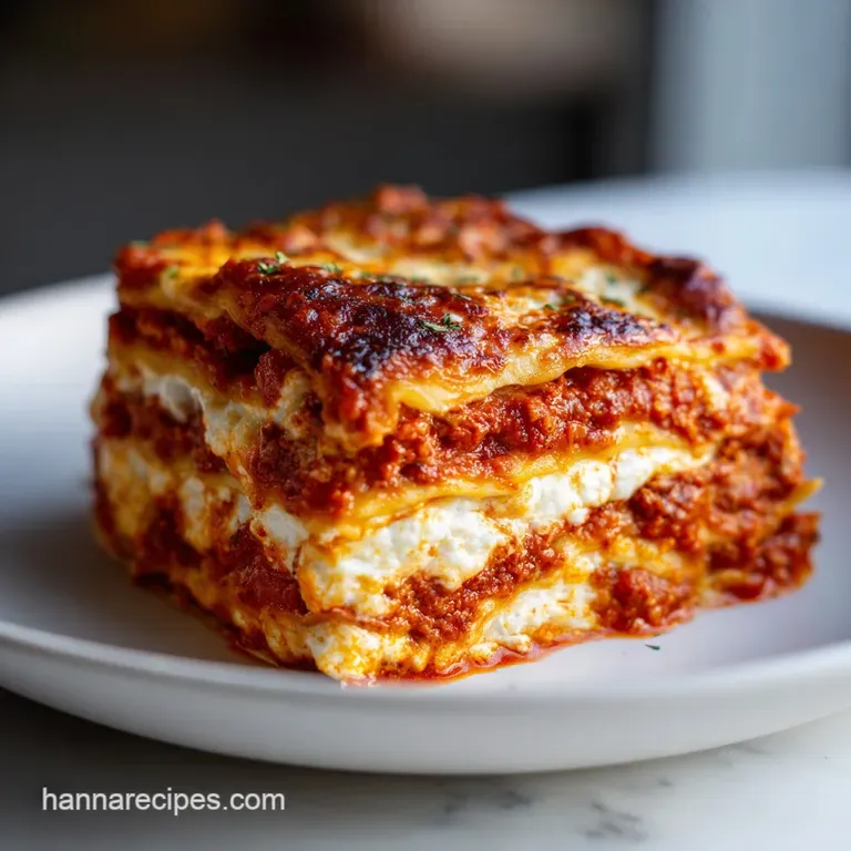 A precise square slice of layered pasta with melted white cheese and basil garnish on a minimalist white plate.