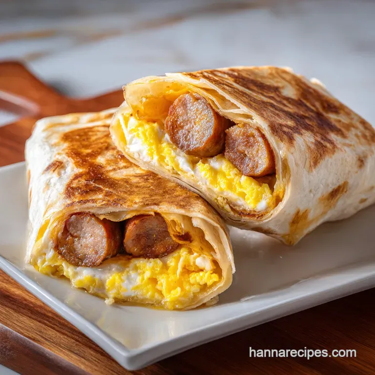 Sliced burritos showing fluffy scrambled eggs and chorizo on a platter with fresh salsa and creamy avocado slices.