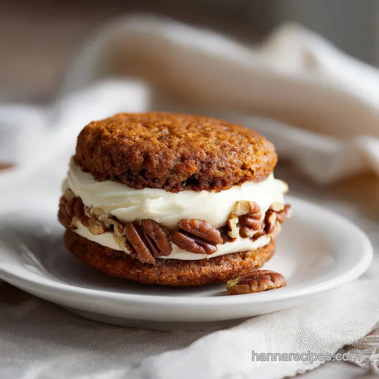A delicate orange cream cheese frosting swirls atop a rustic carrot cake pecan cookie on a white plate.
