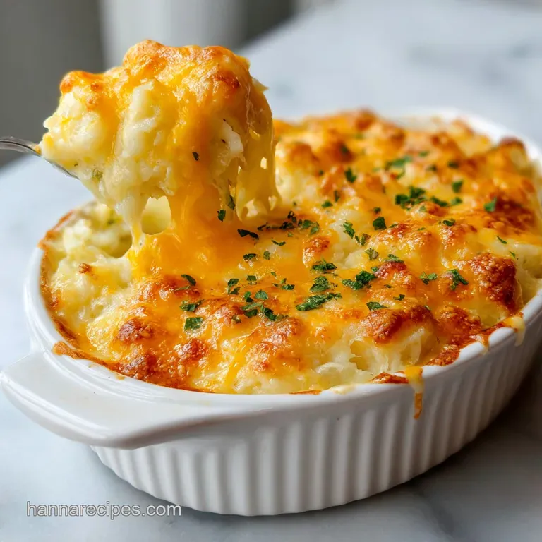 A square scoop of creamy potato casserole topped with golden crust, served on a white plate with a parsley garnish.