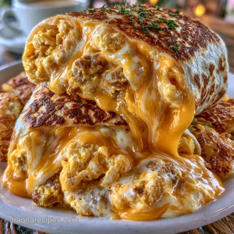 Sliced toasted wraps showing colorful fillings of fluffy eggs and melted cheese on a white ceramic platter.