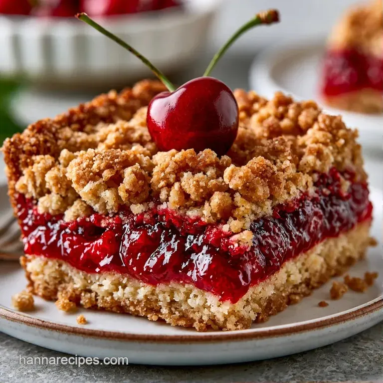 A square fruit bar topped with a buttery crumble, dusted with powdered sugar on a clean white ceramic plate.