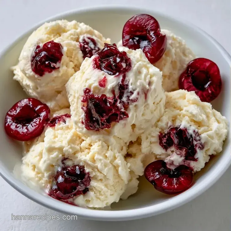Three neat scoops of pale cream ice cream topped with a glossy cherry glaze and a sprig of fresh mint on a white plate.