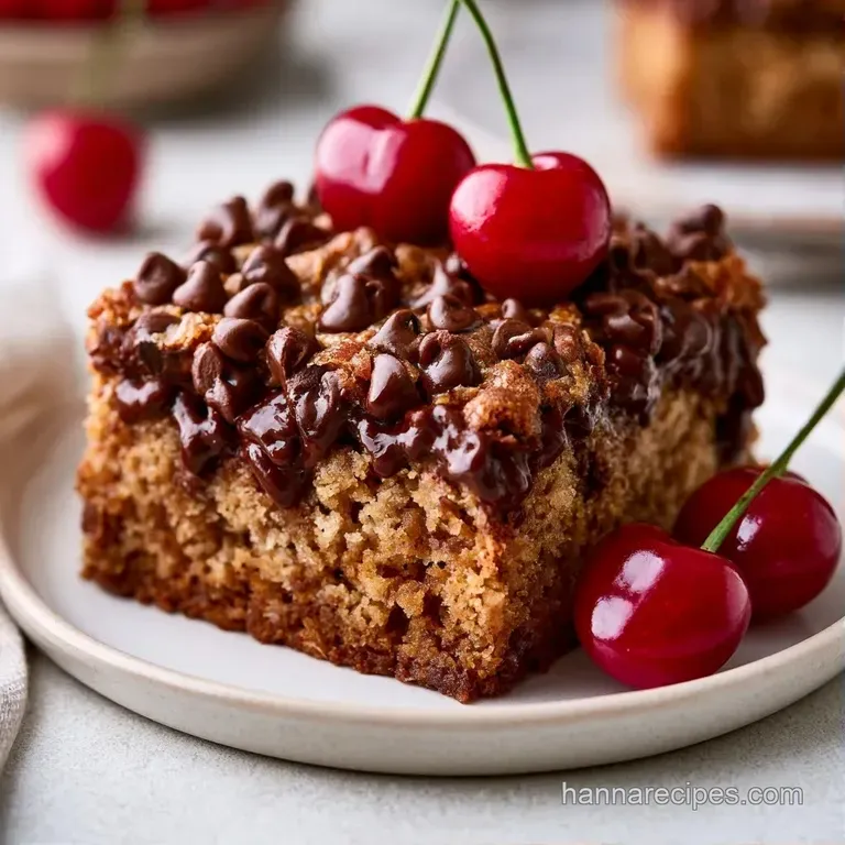 A single square of fudgy dark chocolate cake topped with tart cherries on a white porcelain plate with a silver fork.