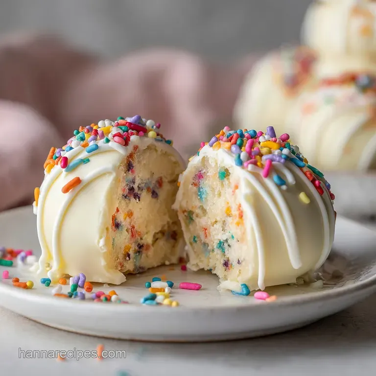 A trio of festive cake batter truffles arranged artfully on a white plate, adorned with a sprinkle of edible glitter.