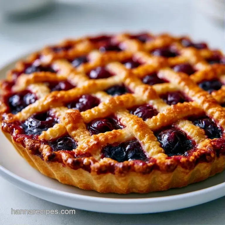 A wedge of bright red fruit pie with a buttery crust on a white plate, topped with melting vanilla ice cream.