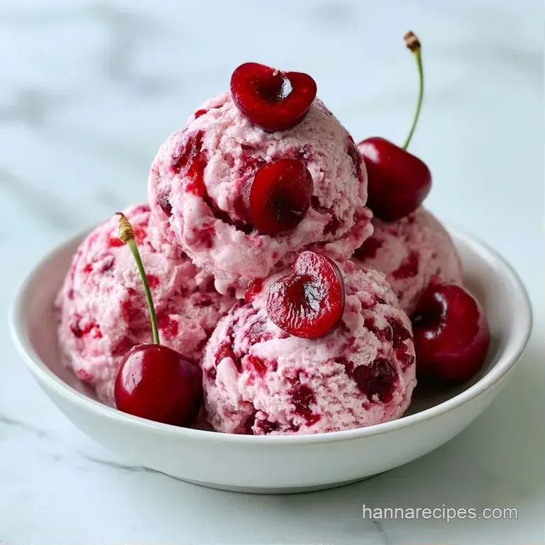 Elegant scoops of pink frozen cream on a white ceramic plate, garnished with mint leaves and juicy red cherries.