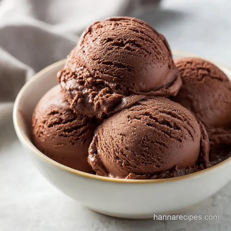 Elegant scoops of deep brown frozen dessert on a ceramic plate, accented by a fresh mint leaf and chocolate syrup.