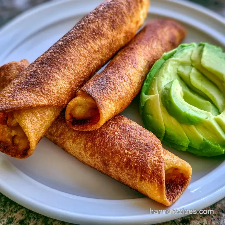 Three golden rolled wraps neatly stacked on a white plate with sides of vibrant red salsa and creamy avocado dip.