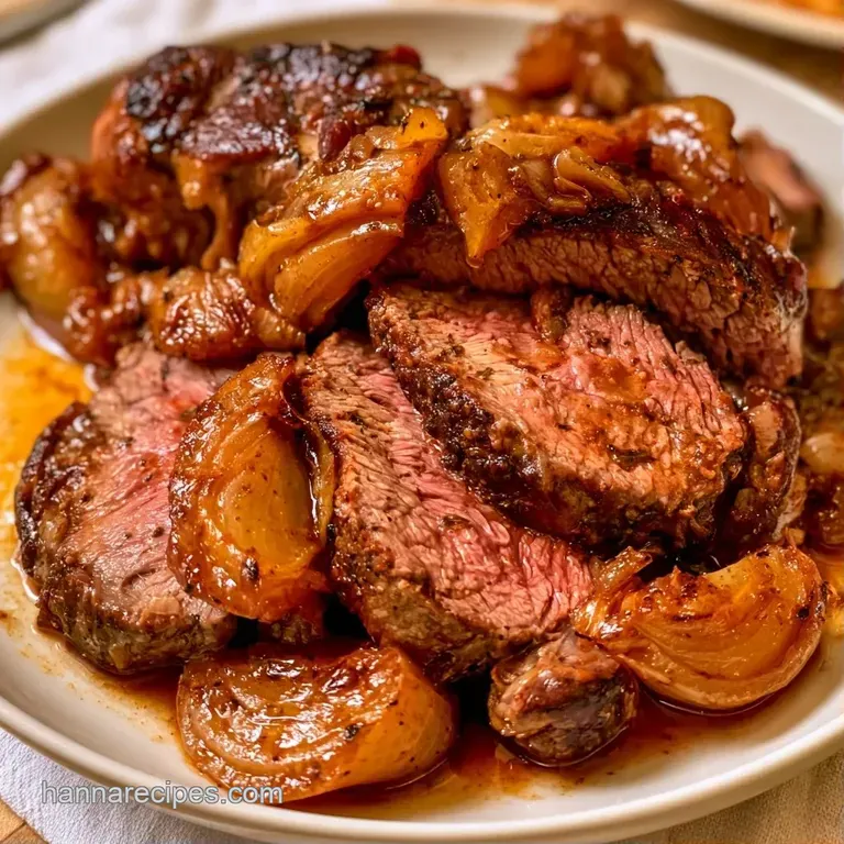Slices of tender beef atop creamy mashed potatoes with glazed baby carrots, finished with a rich brown sauce.