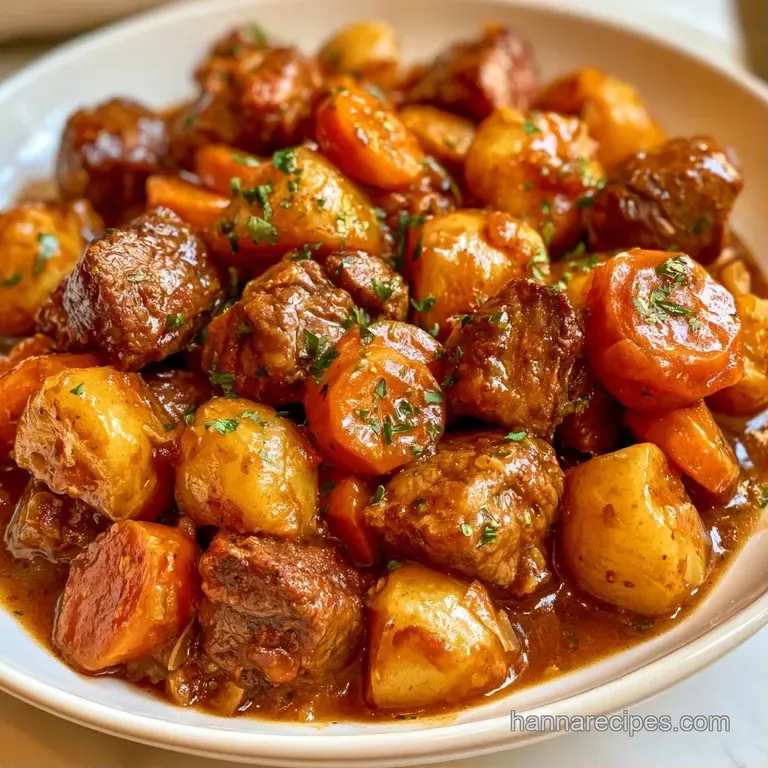 A white porcelain bowl of stew with tender chunks of beef and baby carrots, topped with a sprig of fresh green parsley.