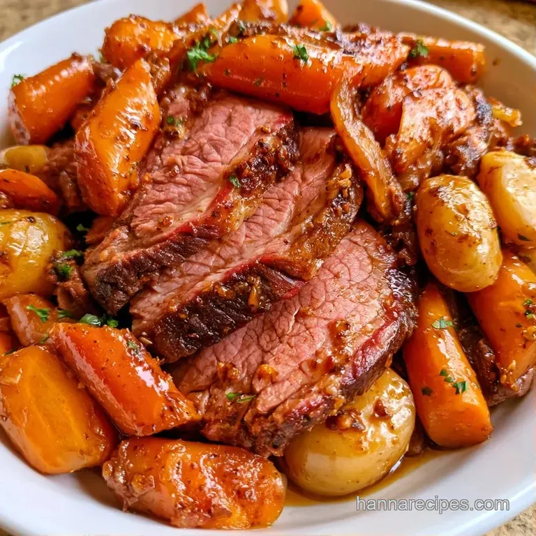Slices of tender pink beef layered neatly atop vibrant steamed cabbage and glazed orange carrots on a white plate.