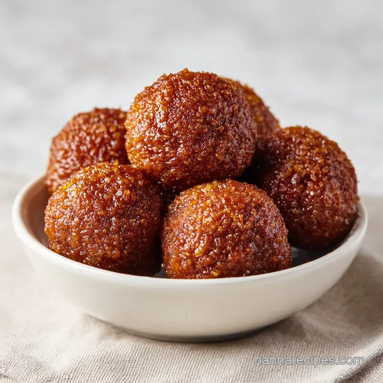 Glossy reddish-brown spheres on a minimalist white plate, topped with vibrant green onion curls and sesame seeds.