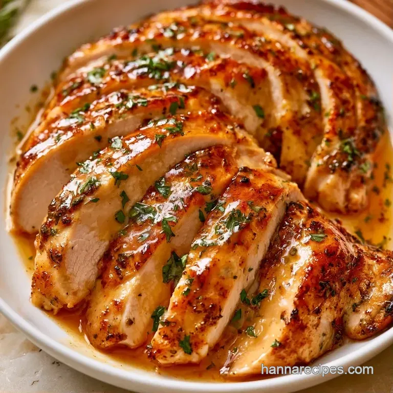 Neatly sliced moist turkey breasts on a platter with colorful roasted carrots and a glossy brown gravy drizzle.
