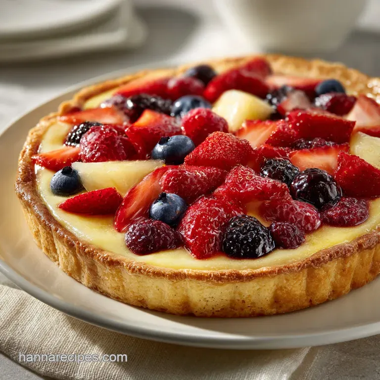 A neat slice of custard tart on a white plate, topped with glossy berries and a sprig of fresh mint leaf.