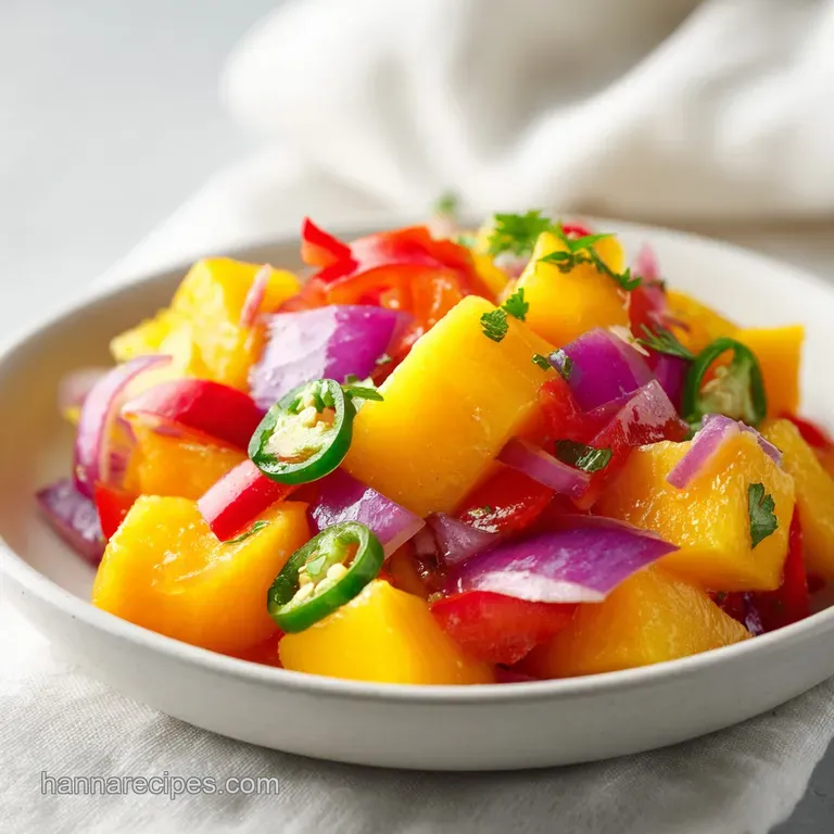 Bright yellow mango salsa in a white ceramic bowl paired with crispy golden tortilla chips on a rustic board.
