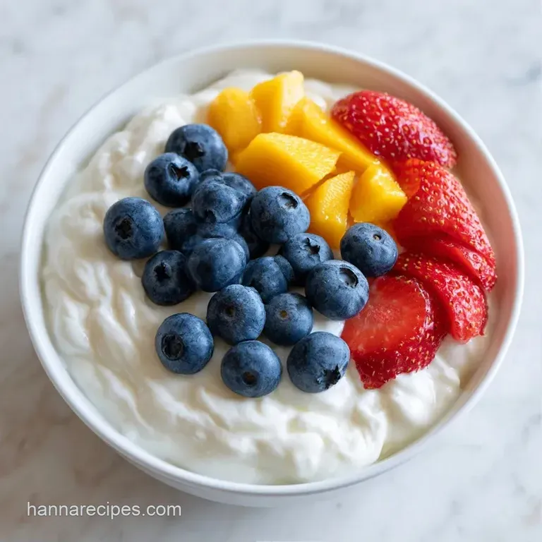 A bright array of sliced kiwi and mango arranged in a circle atop creamy yogurt, topped with a sprig of fresh mint.