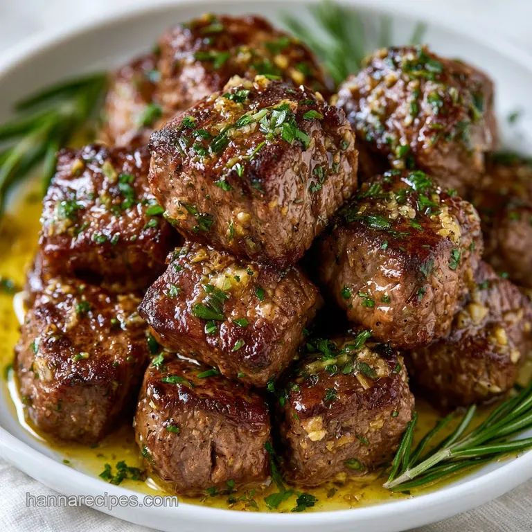 Glossy seared beef cubes garnished with fresh herbs and melted butter on a clean white porcelain serving platter.