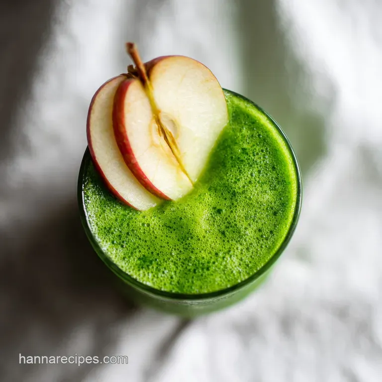 A frosted glass of bright green liquid next to crisp apple slices and a wooden straw on a white marble surface.