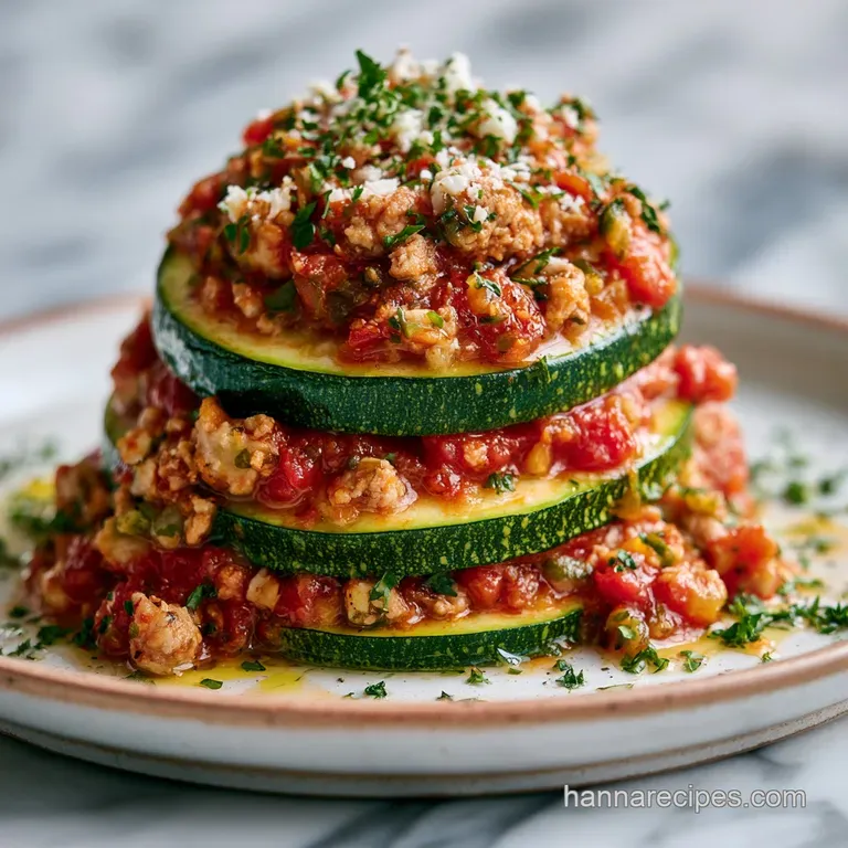 A neat slice of layered vegetable bake with melted mozzarella and fresh basil on a minimalist white dinner plate.