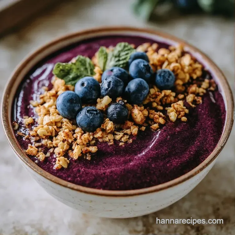 Deep purple smoothie in a matte ceramic bowl with neatly arranged fruit slices and glossy amber honey drizzle.