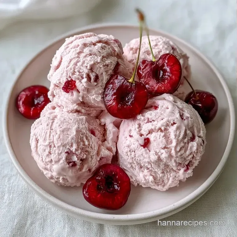 Elegant scoops of pale pink cream topped with a glossy dark red cherry syrup and fresh mint on a white ceramic plate.