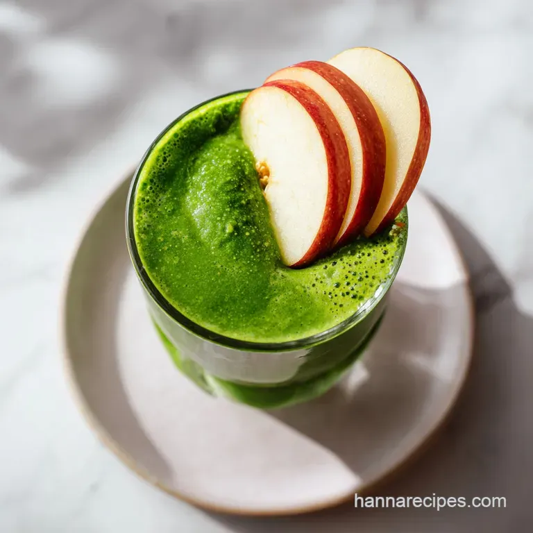 Frothy green smoothie in a sleek glass on white marble, garnished with a fresh mint sprig and apple slices.