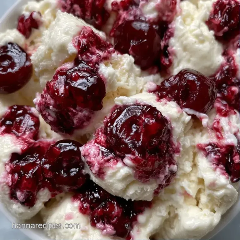 Three pale pink scoops topped with a glistening dark cherry and a sprig of mint on a chilled dessert plate.