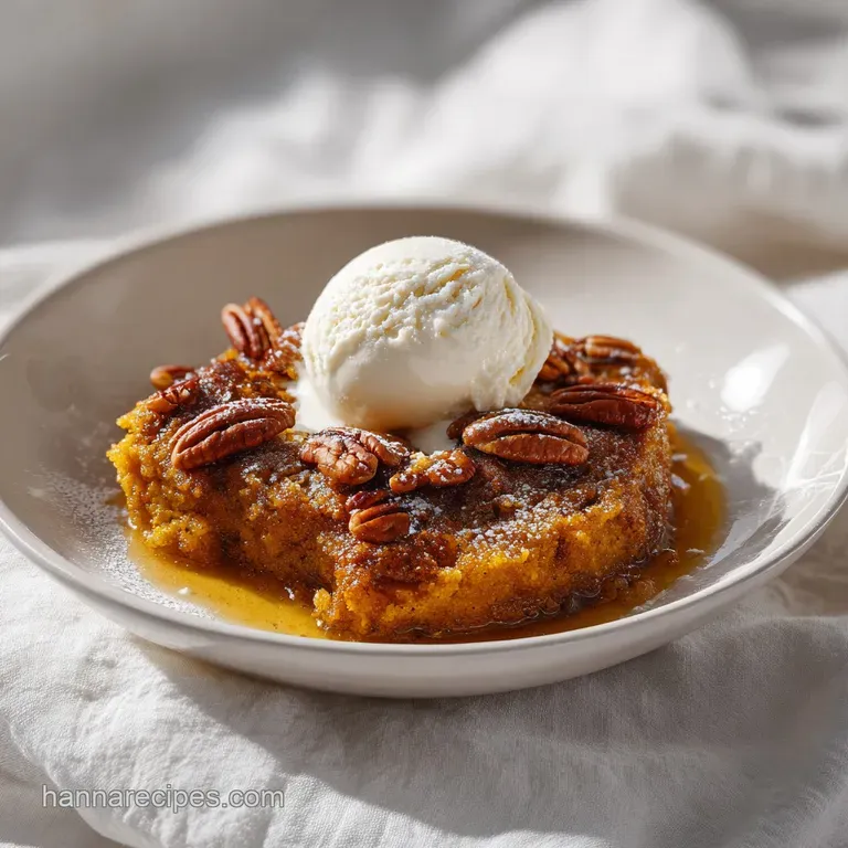 A scoop of warm pumpkin cobbler, topped with melting vanilla ice cream, served on a rustic plate.