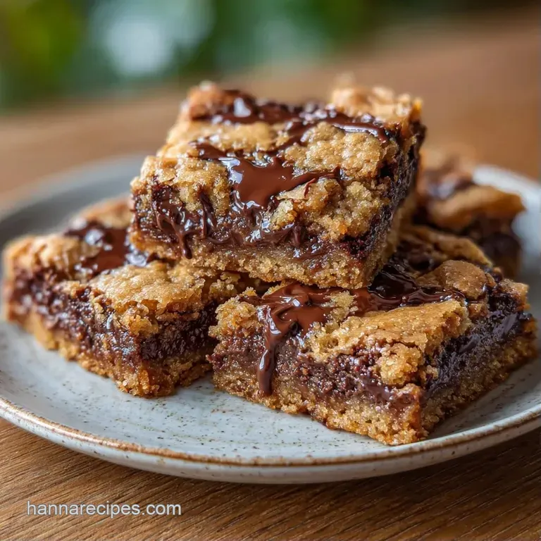 Squares of golden-brown baked treats stacked on a matte plate, highlighting a soft center and glossy chocolate.