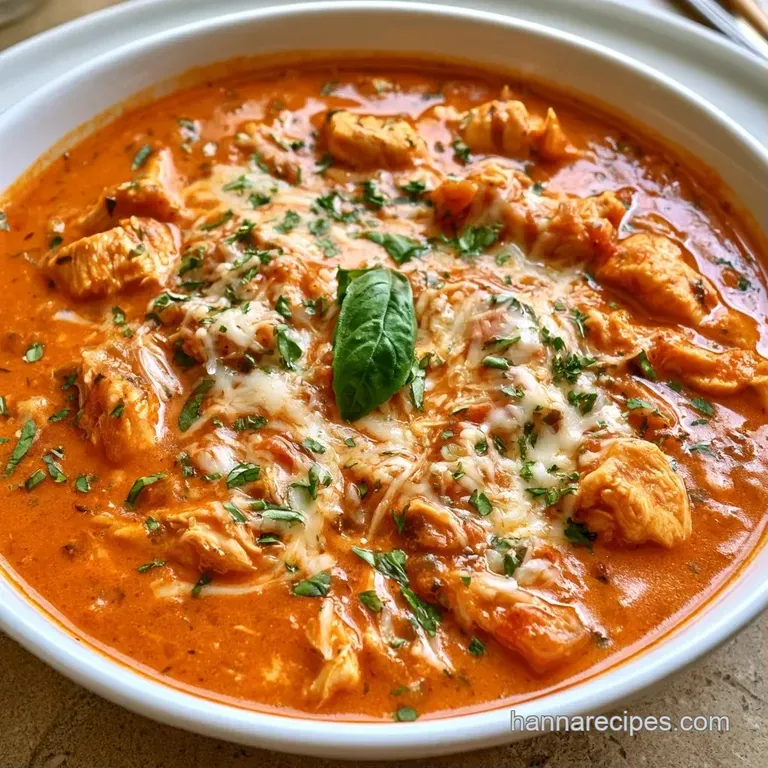 Elegant white bowl of savory red soup topped with golden melted cheese and fresh herbs on a rustic wooden table.