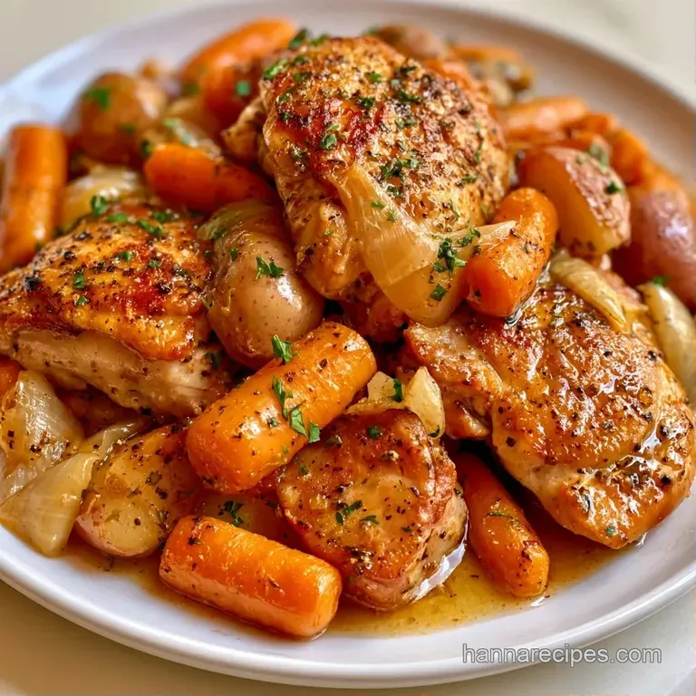 Plated succulent chicken breasts and colorful root vegetables drizzled with a glossy sauce on a modern white ceramic dish.