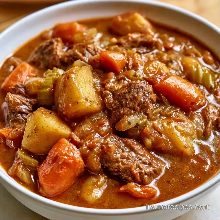 A deep ceramic bowl of steaming beef and vegetable stew topped with fresh chopped parsley and a side of crusty bread.