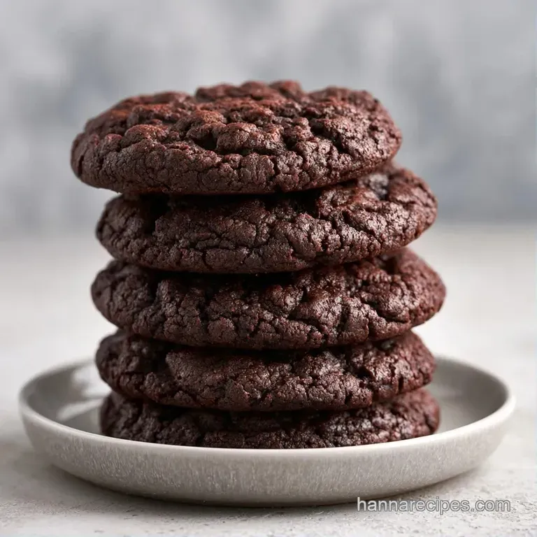 A stack of rich dark chocolate cookies on a ceramic plate, drizzled with melted chocolate and fresh mint leaves.