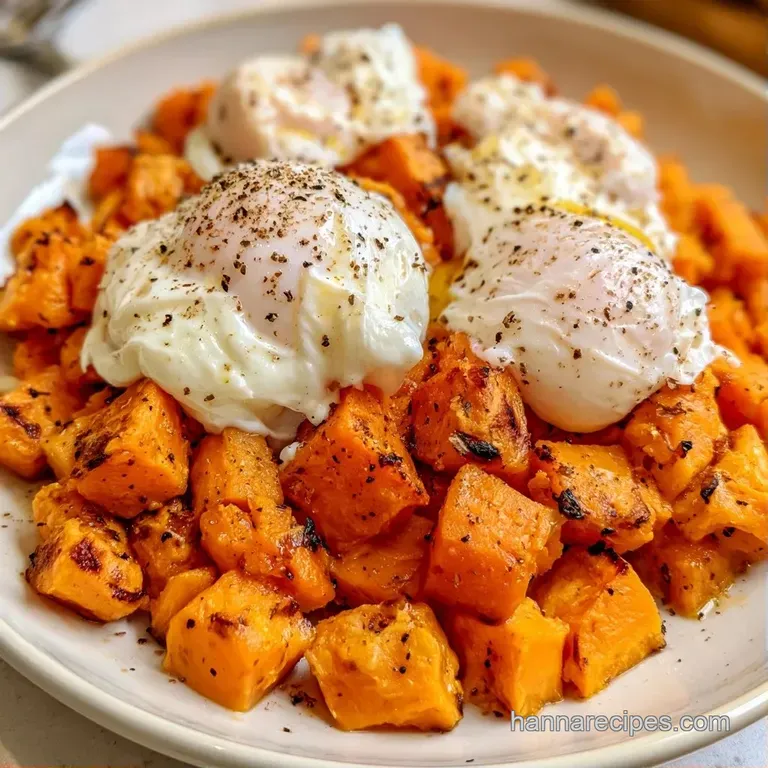 A ceramic white bowl filled with vibrant orange sweet potatoes and a perfectly cooked egg, set on a wooden table.