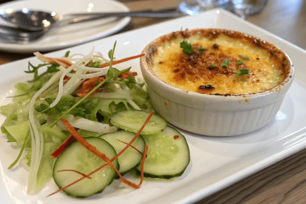 Crab brulee served on a plate with a side of fresh Vietnamese cucumber salad.