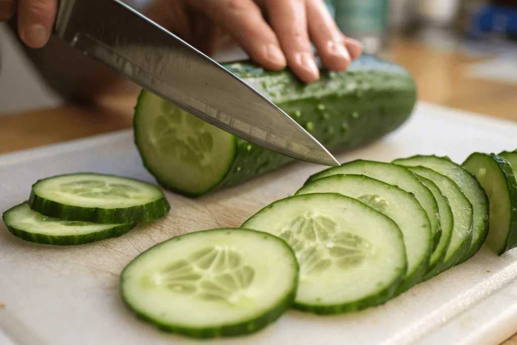 Cucumber being sliced into thin, even rounds on a cutting board with a sharp knife.