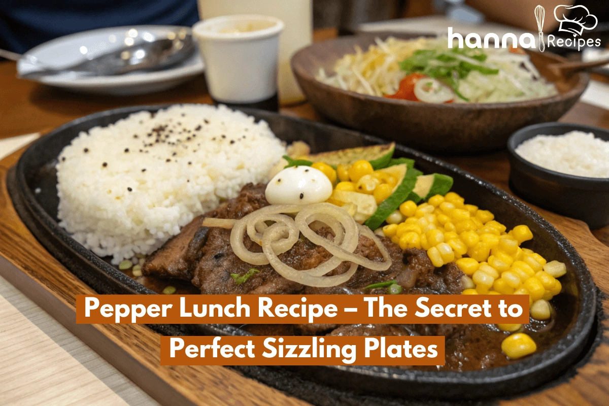 Sizzling Pepper Lunch plate with ribeye beef, garlic butter, black pepper sauce, corn, onions, and Japanese rice on a hot cast iron skillet.