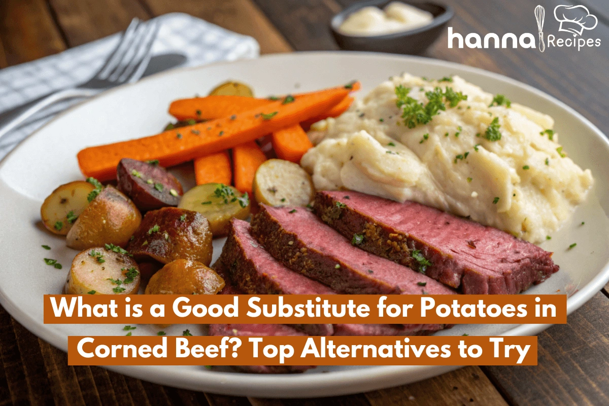 Close-up photo of corned beef with mashed cauliflower substitute on a rustic wooden table.