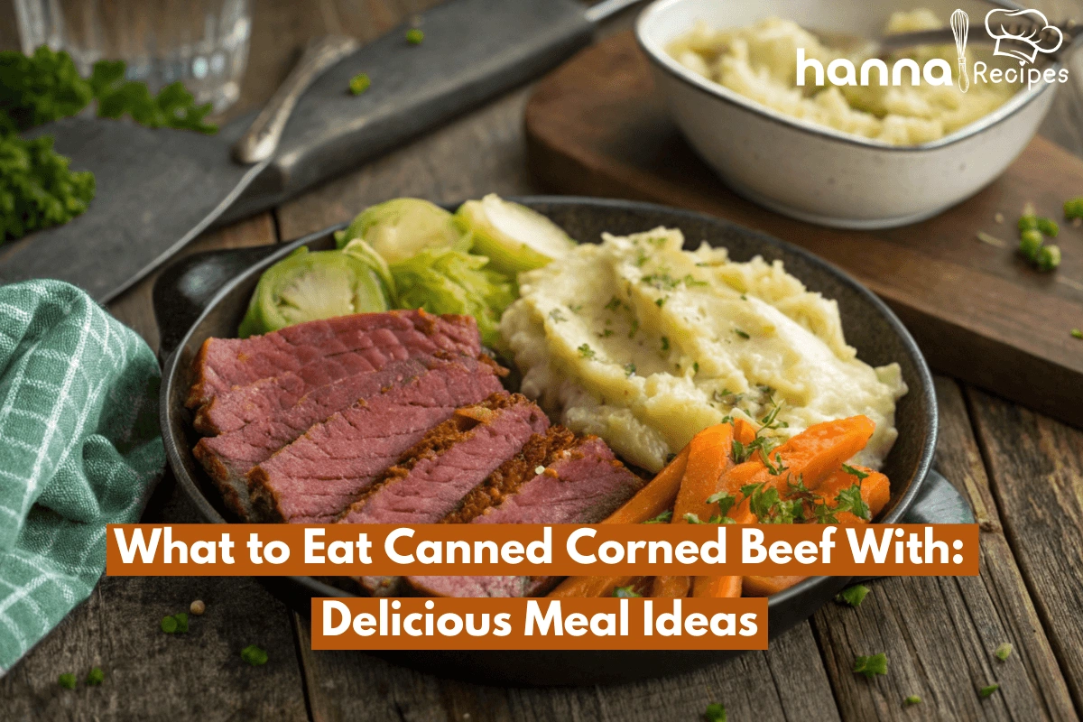 A close-up photo of canned corned beef served with mashed potatoes, sautéed cabbage, and roasted carrots on a rustic wooden table.