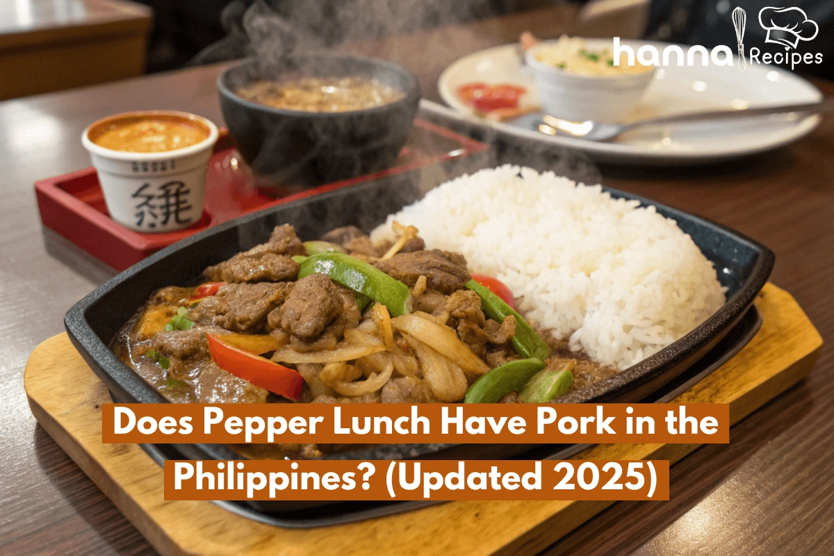 Sizzling Pepper Lunch dish with tender beef, chicken, and rice on a hot metal plate, highlighting pork-free options.