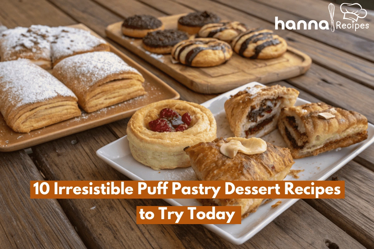 A variety of freshly baked puff pastry desserts on a rustic wooden table, showcasing golden brown apple turnovers, chocolate-filled pastries, and cream cheese danishes.