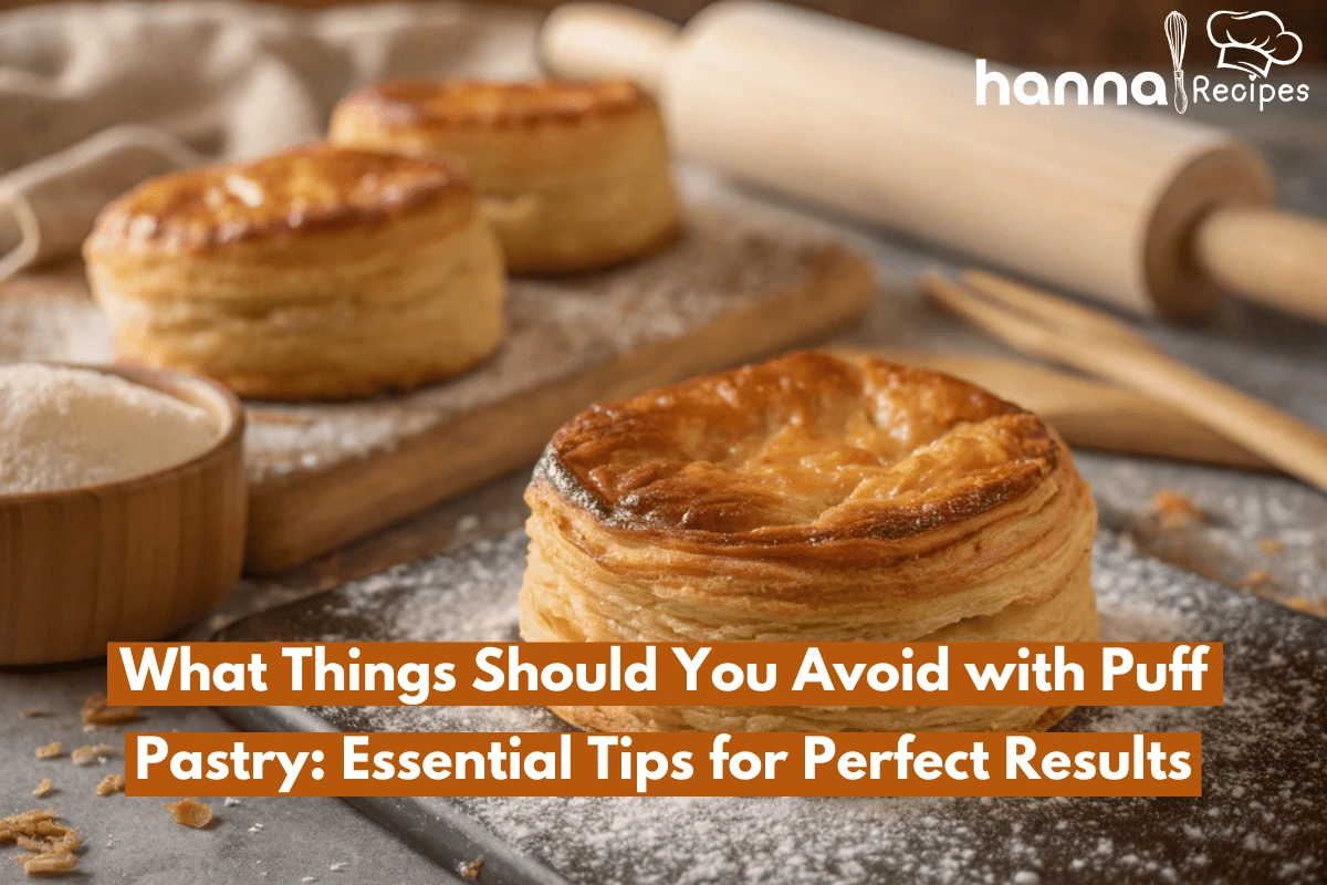 Freshly baked golden puff pastry with flaky layers, surrounded by baking tools on a rustic kitchen surface.