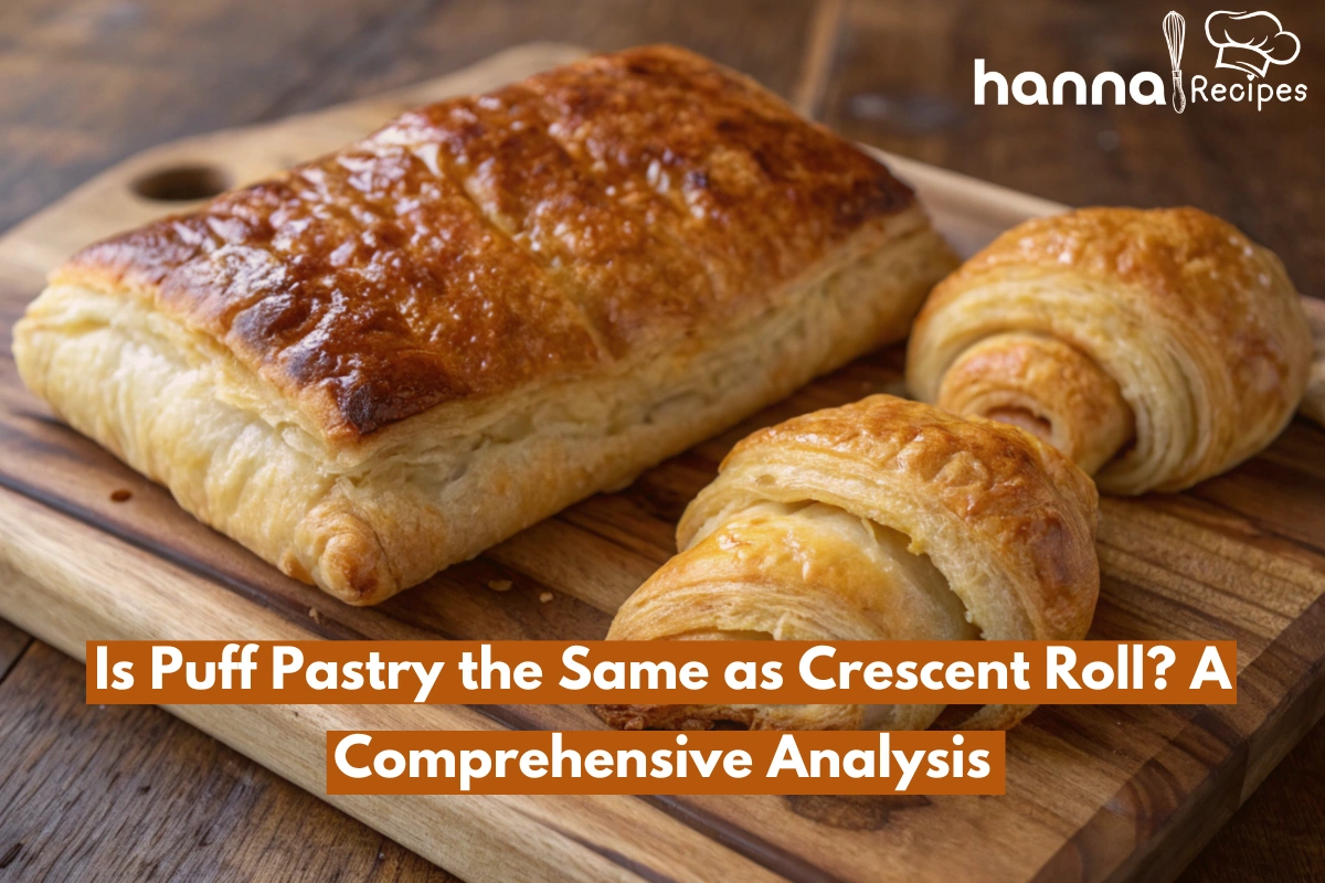 Close-up of puff pastry and crescent rolls side by side, showcasing flaky layers and golden-brown crust.